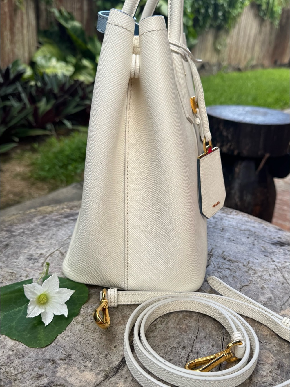Prada Cream Saffiano Leather Tote with Blue Trim - Picture 3 of 14